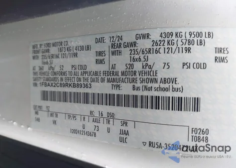 2024 Ford Transit-350 Passenger Van Xl from USA, damaged, VIN 1FBAX2C89RKB89363